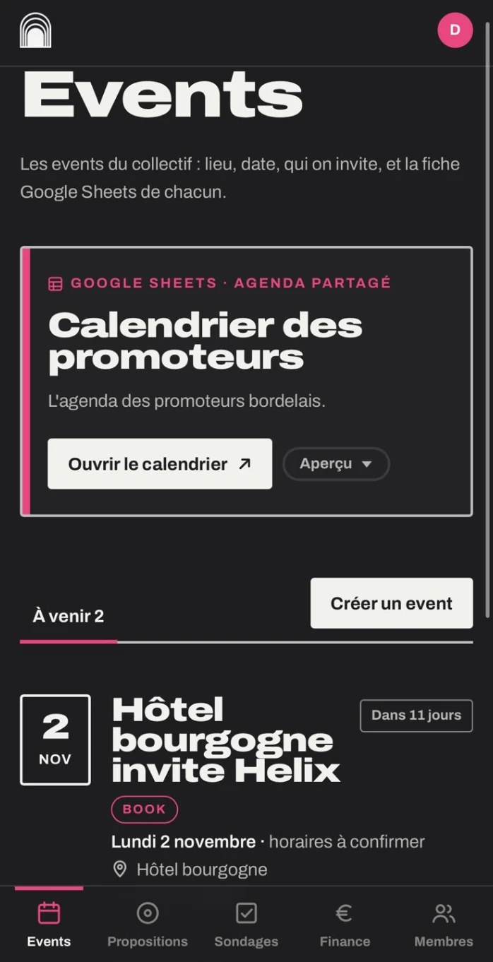 L’écran Events de Helix : l’agenda partagé des promoteurs et le prochain event du collectif.