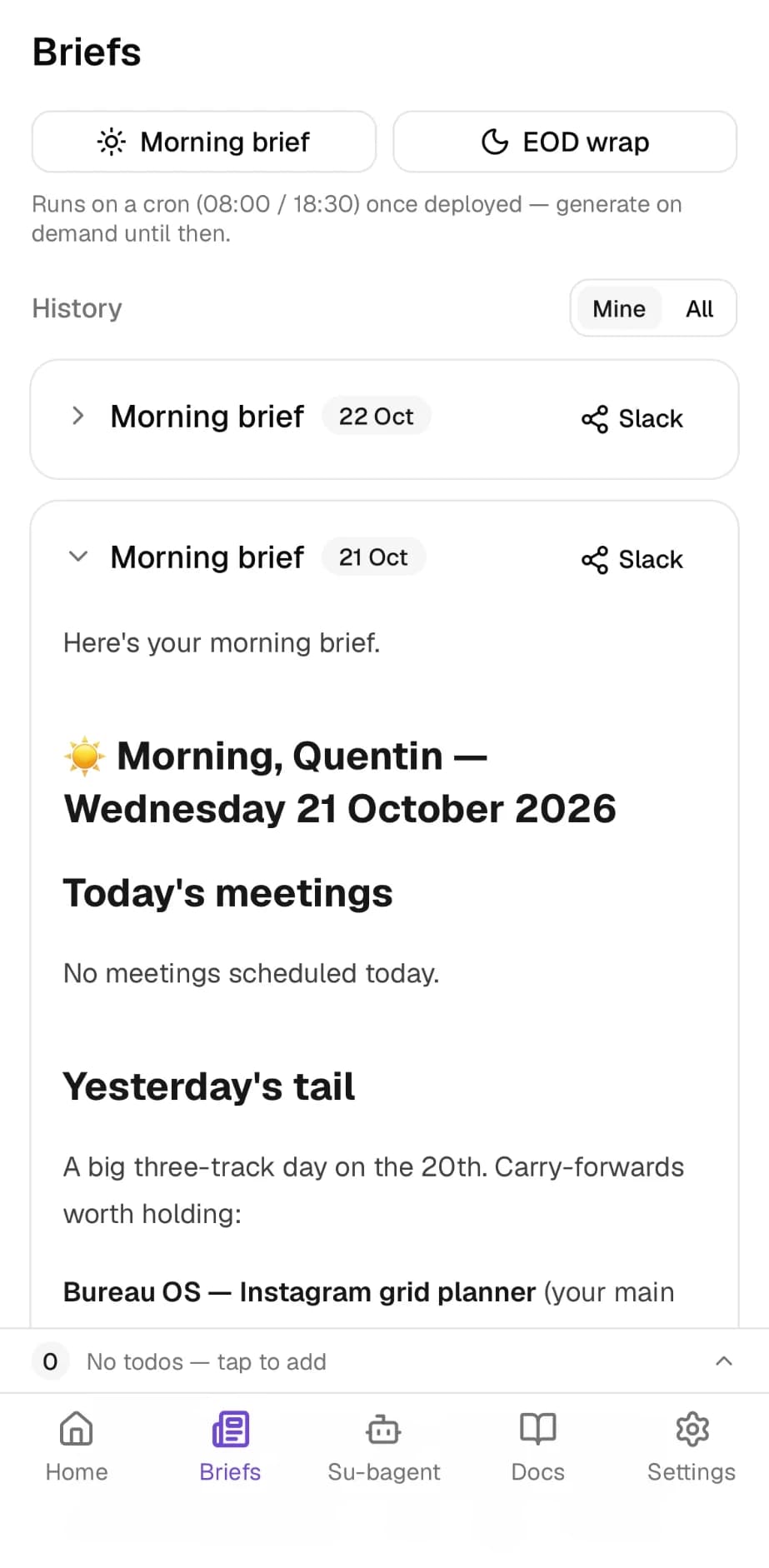 B-Agent's phone app: the Briefs screen, with the morning brief of 21 October.