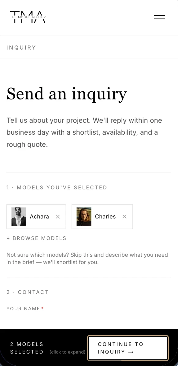 The Model Atelier sur mobile : le formulaire de demande avec les modèles choisis par le client.