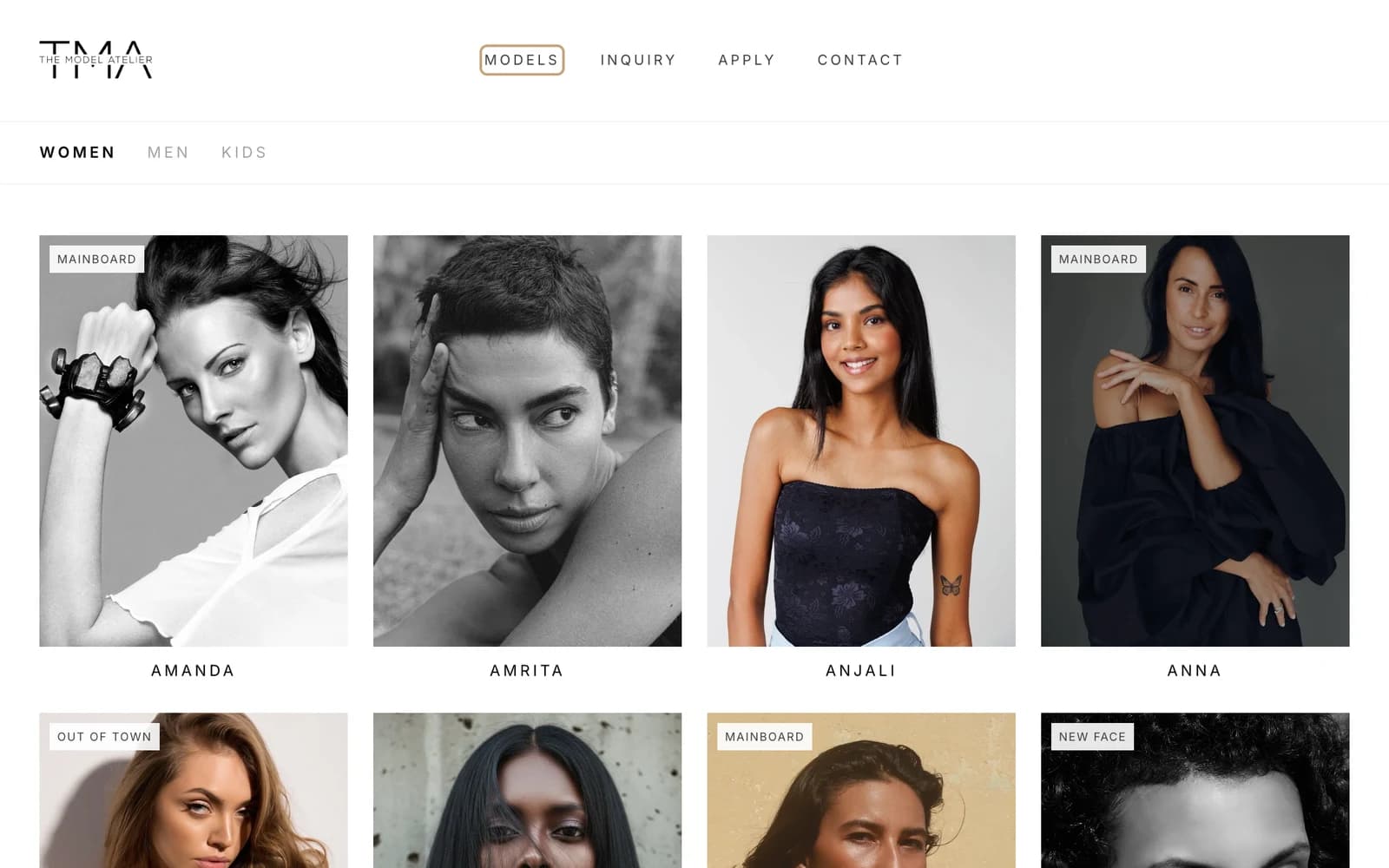 Site de The Model Atelier : le book femmes, avec le portrait et le statut de chaque modèle.